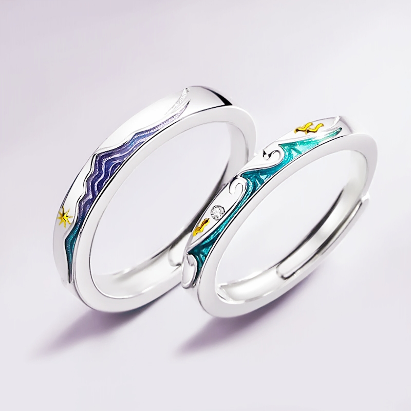 Sole Memory Color Drip Glaze Couple Gift Wave Vow Silver Color Female Resizable Opening Rings SRI962