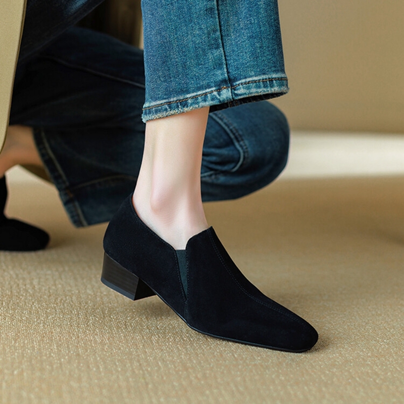 NEW Spring/Autumn Loafers Sheep Suede Leather For Square Toe Chunky Heel Soft Shoes Black Elegant Women Pumps