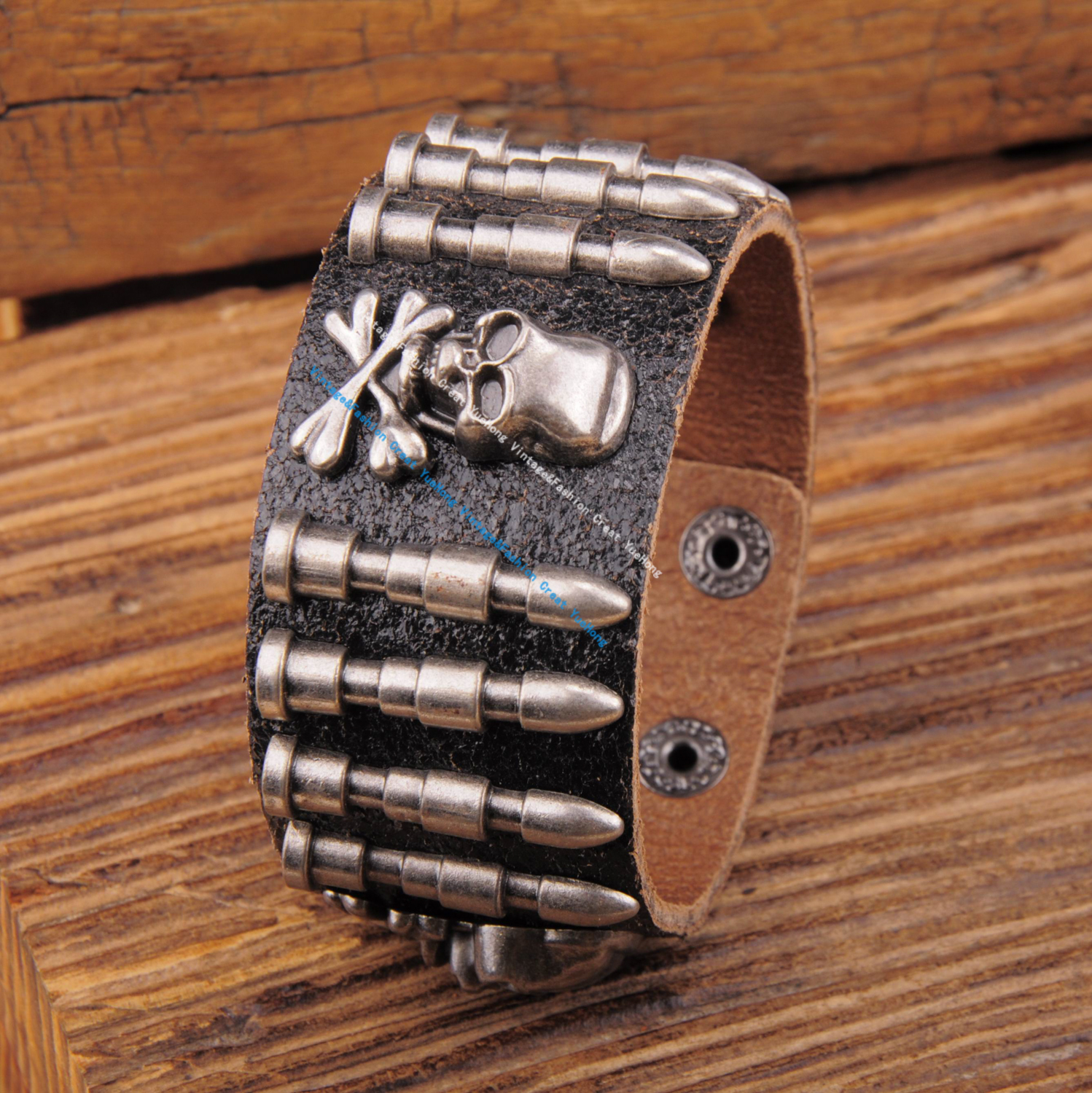 G563 Black Rock Army Bullet Studded Men's Single Wrap Leather Bracelet Wristband Wide Cuff New