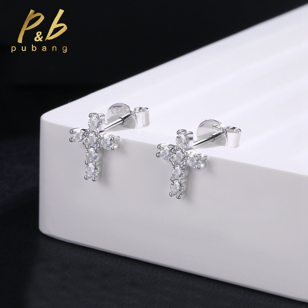 PuBang Fine Jewelry 925 Sterling Silver VVS1 GRA Moissanite Diamond Cross Stud Earrings for Women Men Anniversary Gift Wholesale