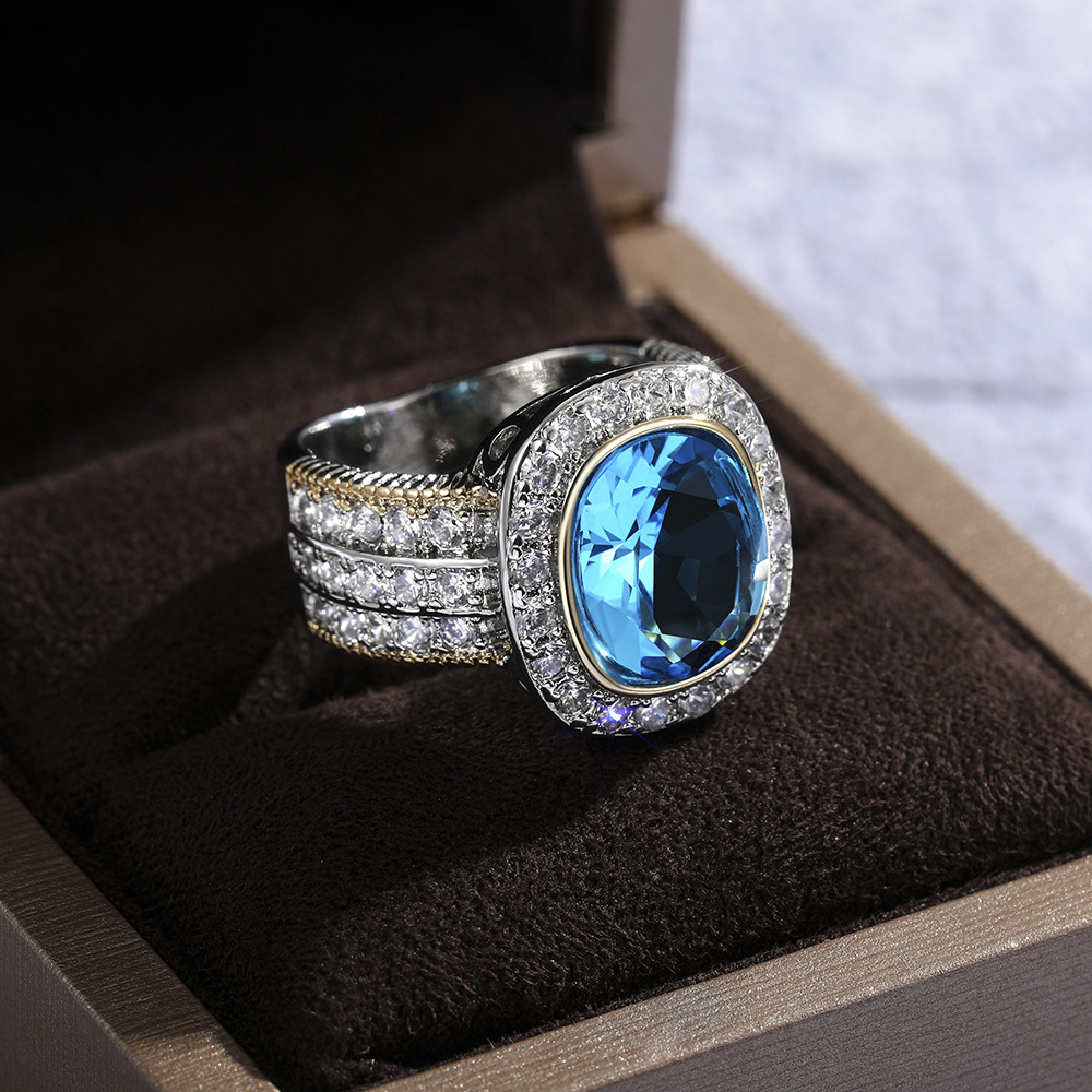Gorgeous Stunning Wedding Rings Luxury Jewelry Elegant Sterling Silver Gold Fill Large Aquamarine CZ Diamond Party Eternity Women Bridal Ring Gift