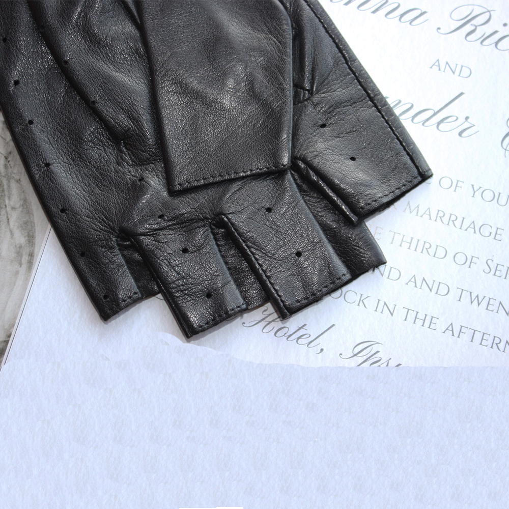 Men's Half Finger Goat Leather Gloves Leather Black Hollow Breathable Thin Buckle Riding Outdoor Sports Driving Gloves