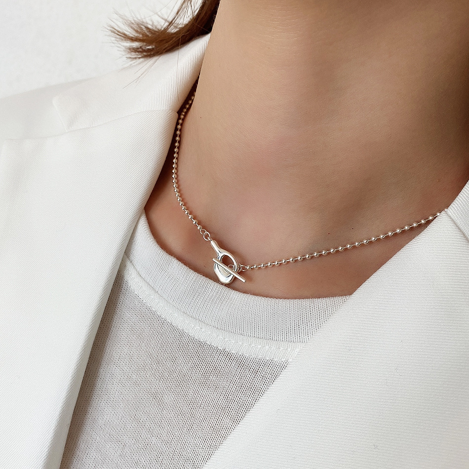 SHANICE 925 Sterling Silver Bead Chain Choker Necklace Irregular O T Hasp Clavicle Chain Necklace for Women 925 Simple Jewelry