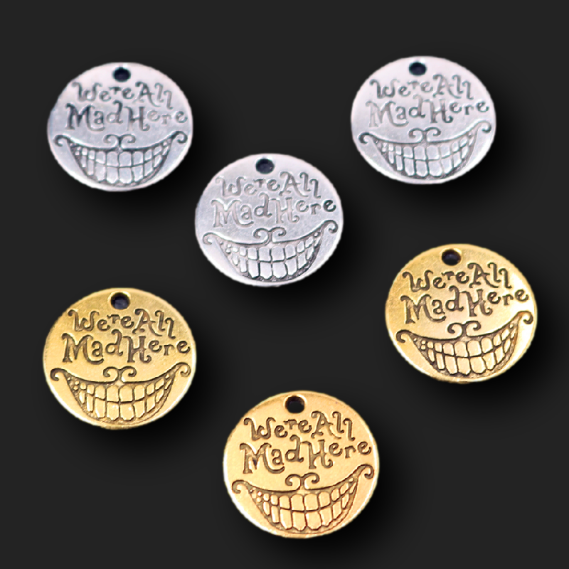 10pcs Silver Plated/Gold Plated We're All Mad Here Movie Tags Pendant DIY Charms Jewelry Crafts Making 20mm A366