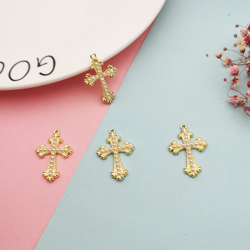 10pcs Pearl Crosses Charms Golden Colour Metal Cross Pendants Charm Handmade Fit DIY Earring Bracelet Jewelry Accessories YZ766