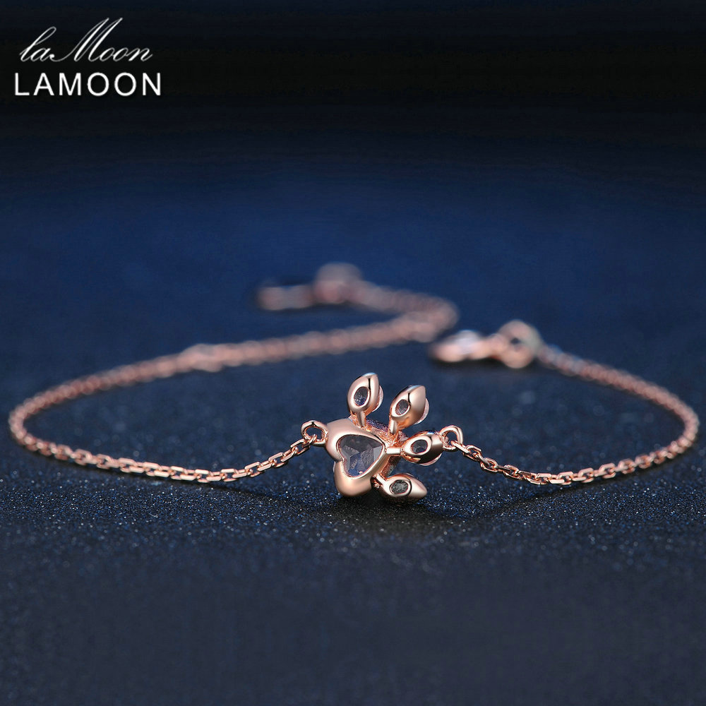 LAMOON Paw 5X5.5mm 100% Natural Heart Pink Rose Quartz 925 Sterling Silver Jewelry Rose Gold Chain Charm Bracelet S925 LMHI005