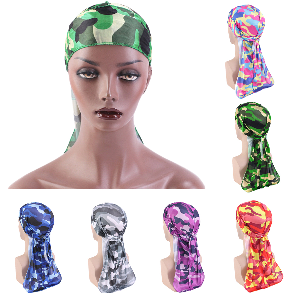 Unisex Long Tail Imitated Silky Scarf Muslim Doo Rag Pirate Hat Durag Camouflage Chemo Caps Skull Hat Turban Hair Band Bandanas