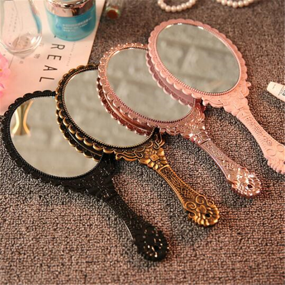 Vintage Carved Handheld SPA Salon Makeup Vanity Hand Handle Cosmetic Compact Mirror for Women F624-5