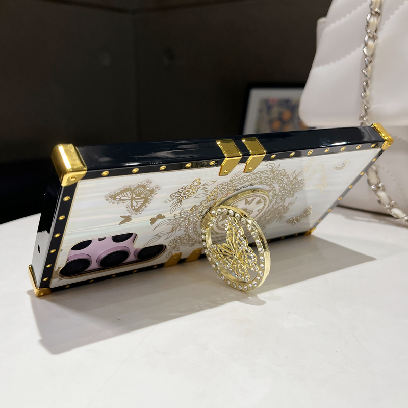 Glitter Butterfly Foldable Stand Kickstand Aurora Bling Square Phone Case For Samsung S24 FE S23 Ultra S22 S21 A05 A05S A15 A35 A55 A14 A34 A54 A13 A3