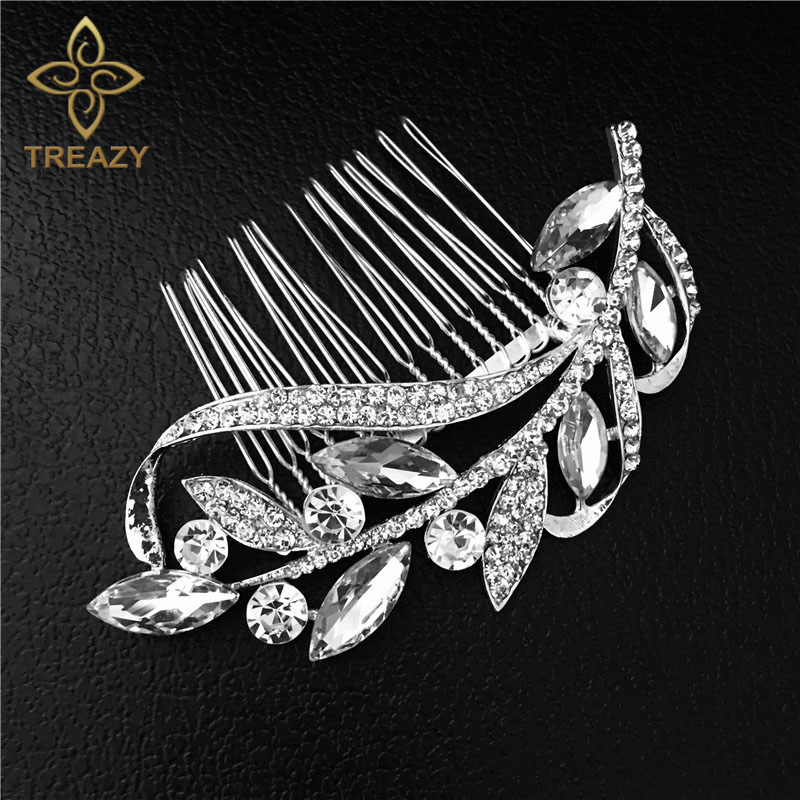 TREAZY Charm Floral Wedding Hair Accessories Silver Color Crystal Bridal Hair Combs Women Wedding Hair Jewelry Brides Tiaras