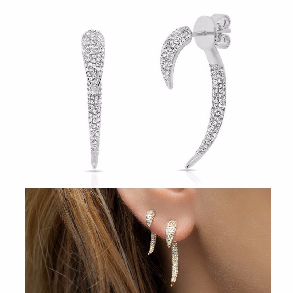 top quality women punk jewelry Rivet spike design front back double side micro pave cz horn stud earring