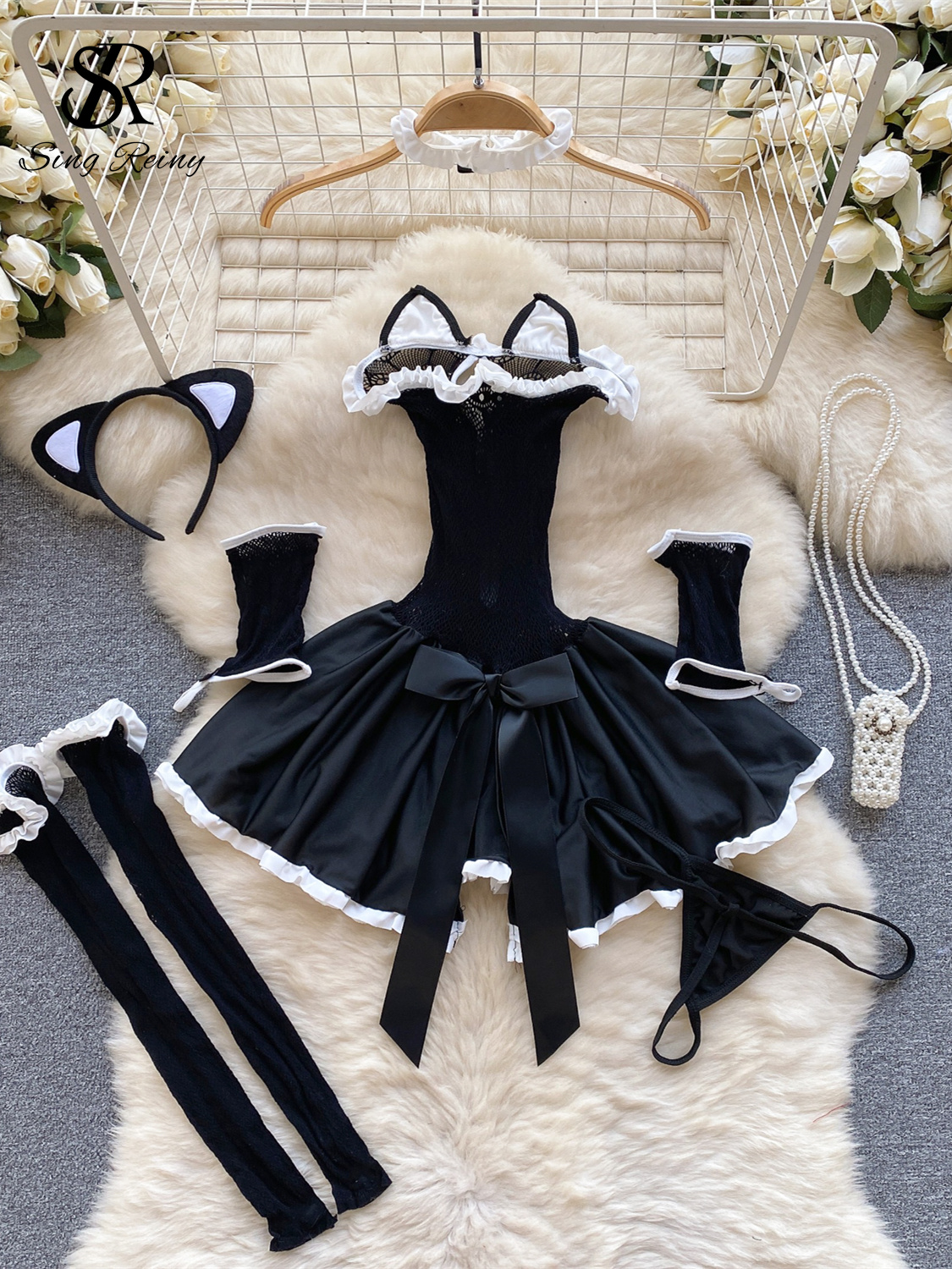 SINGREINY Erotic Uniform Sheer Sexy Pajamas Women Lace Hollow Out Slim Nightwear Hotsweet Cat Cosplay Mesh Porn Underwear Sets