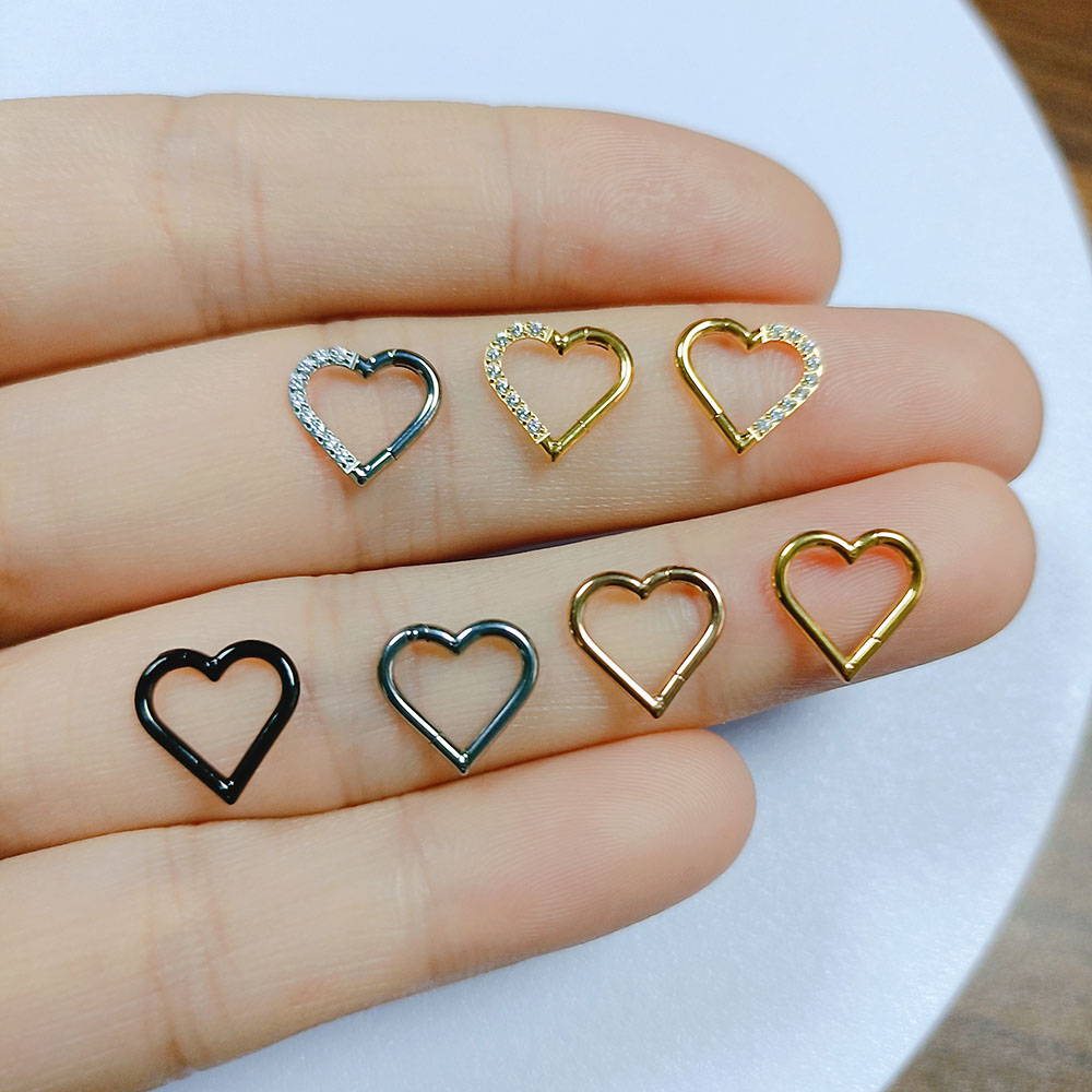 Titanium Heart Daith Earring CZ Conch Helix Septum Piercing Clicker Segment Nose Ring Helix ASTM F136 G23 Titanium/Steel 16G