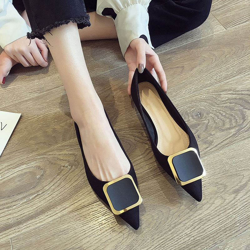 Pointed Toe Shoes Women 2021 Autumn Fall New Square Buckle All-match Shallow Mouth Soft Bottom Black Flat Shoes Scoop Shoes 46