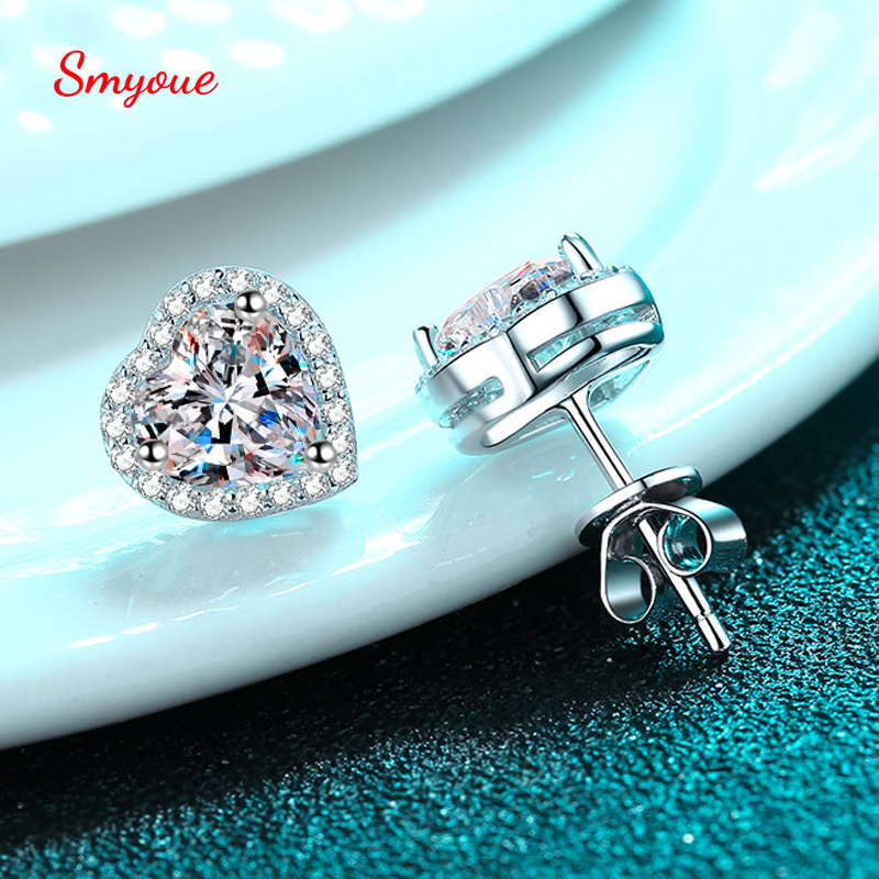 Smyoue Heart Cut 2ct Moissanite Stud Earrings for Women White Gold Plated Ear Studs 100% 925 Sterling Silver Wedding Jewelry GRA
