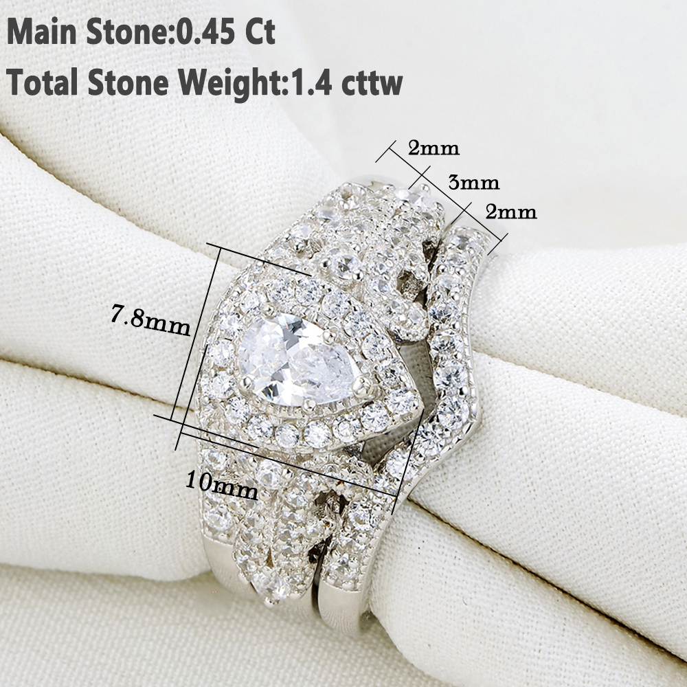 Newshe 3 Pcs Sterling Sier Wedding Rings for Women 1.4 Ct Pear Shape AAAAA CZ Engagement Ring Set Jewelry NR5015