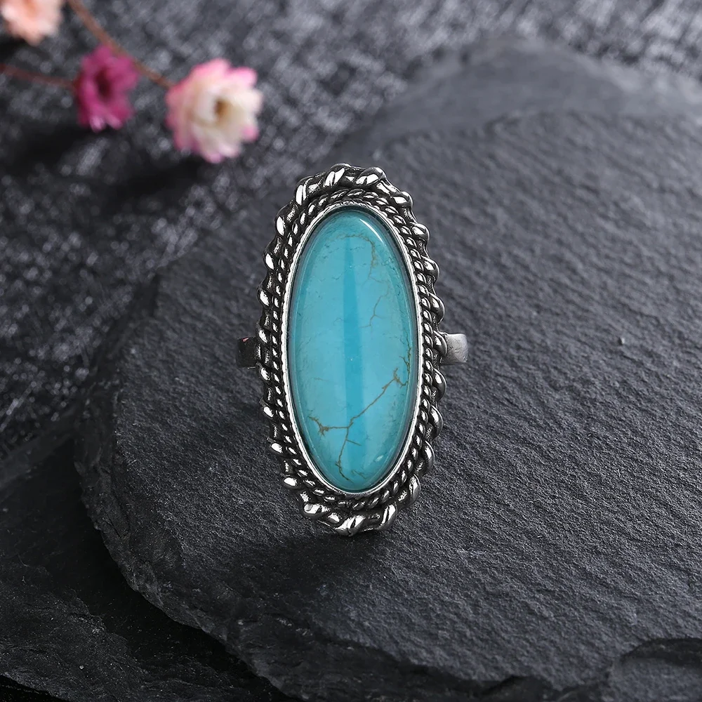Big Stone 11*25mm Natural Turquoise Ring for Women Sterling Silver 925 Rings Retro Design Fine Jewelry Gifts Luxury Finger Ring