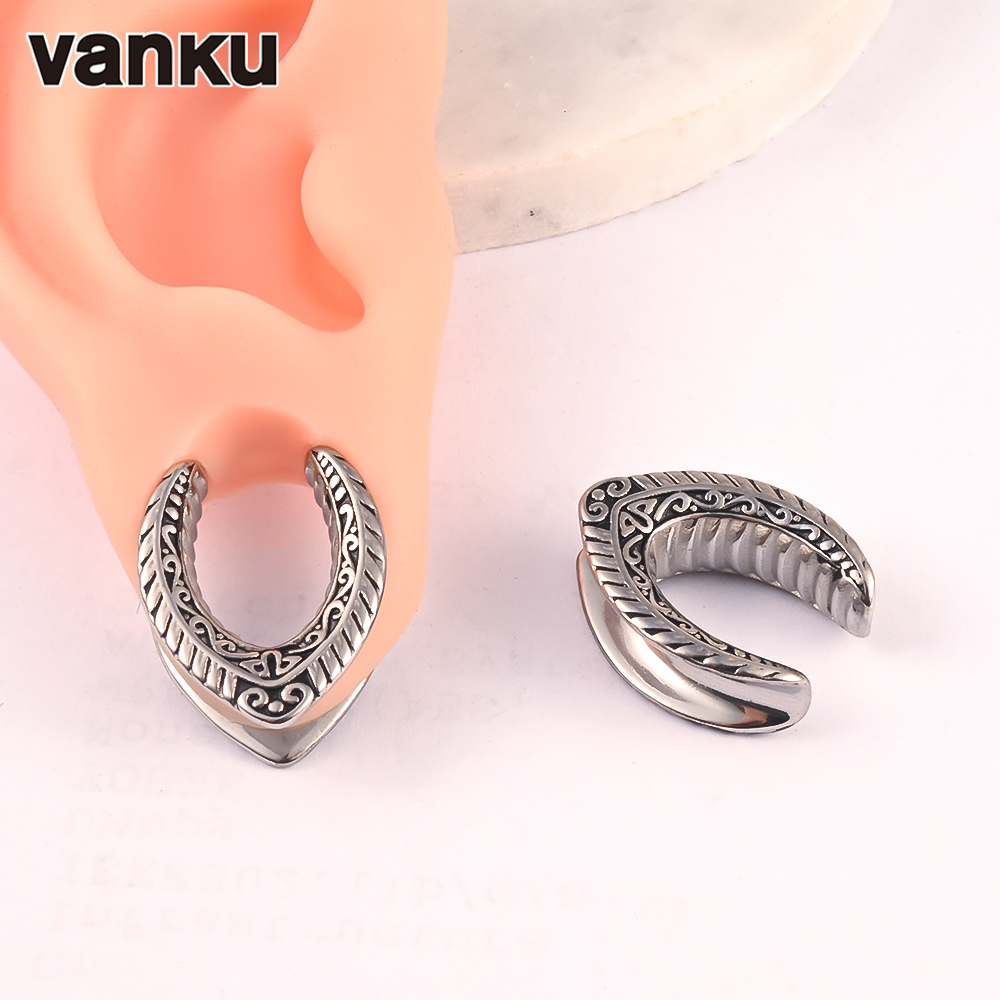 Vanku 2pcs Antique Vintage Ear Flesh Tunnel Expander Gauge Hollow Plugs Stretcher Half Arc Shape Tunnel Plugs Piercing Jewelry