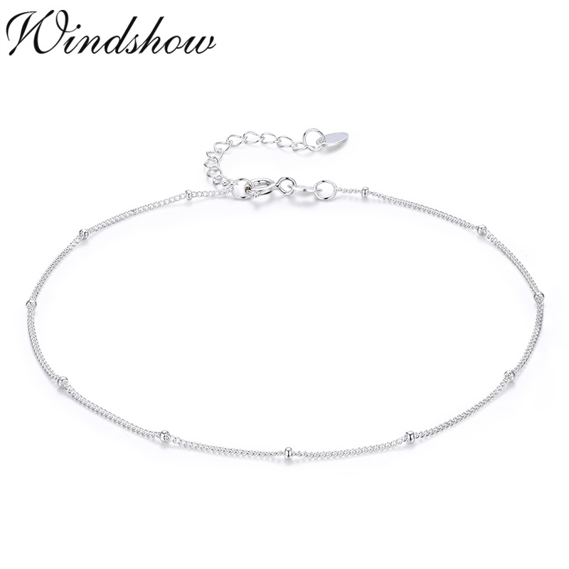 22+3cm Thin Pure Real 925 Sterling Silver Curb Bead Chain Anklet For Women Girls Foot Jewelry Leg Bracelet Barefoot Tobillera