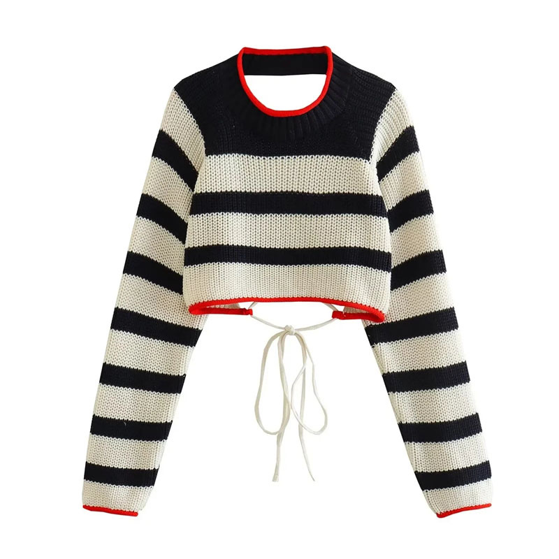 TRAF Women's Cropped Sweaters Striped Sweater Pullovers Autumn Winter Crop Knit Backless Long sleeve Top Knitwears F6.24#42