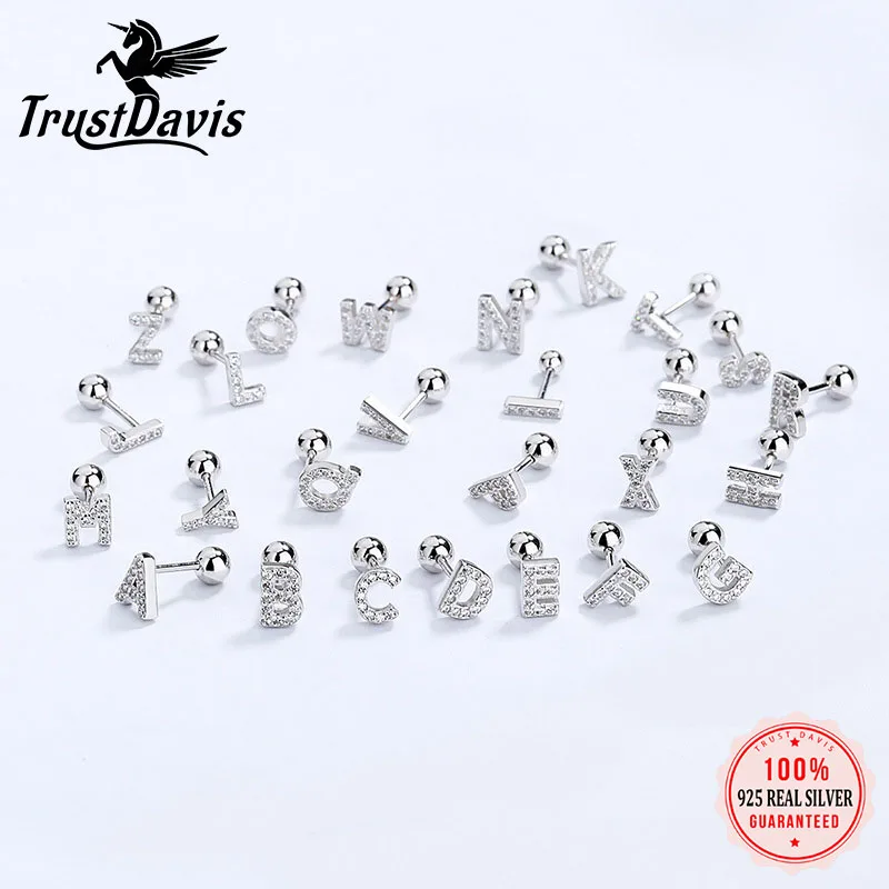 TrustDavis Real 925 Sterling Silver 26 Letter CZ Screw Beads Stud Earrings for Women Children Baby Minimalist Jewelry DB1430