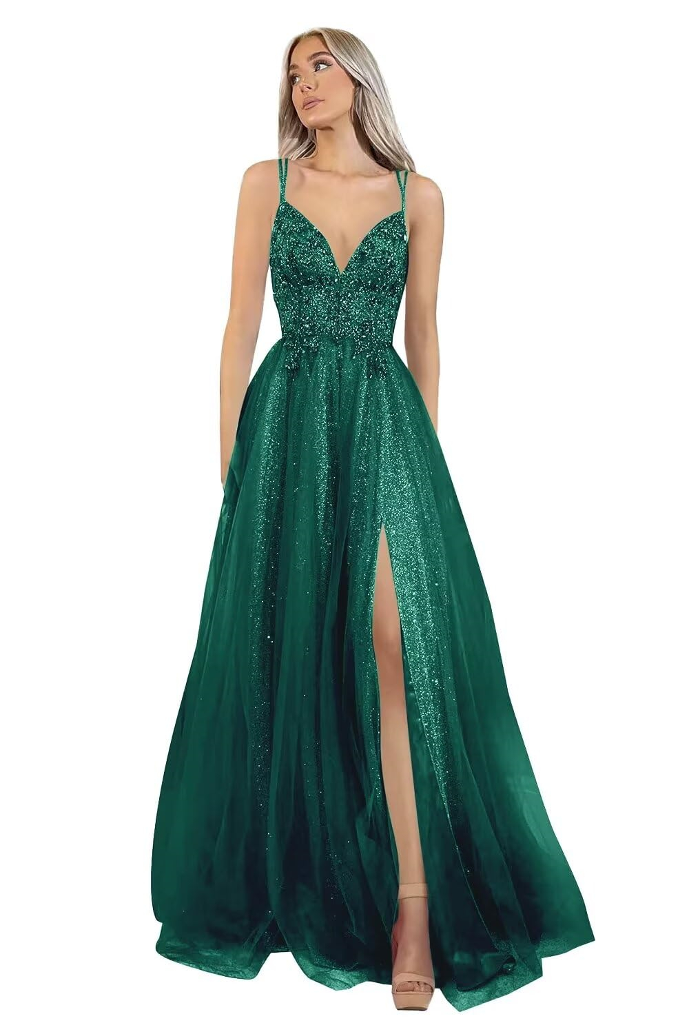 Long Prom Dresses Sequins Beading Deep V-Neck Backless Lace-up Split Tulle A-Line Plus Size Formal Occasion Evening Party Gown Pd22