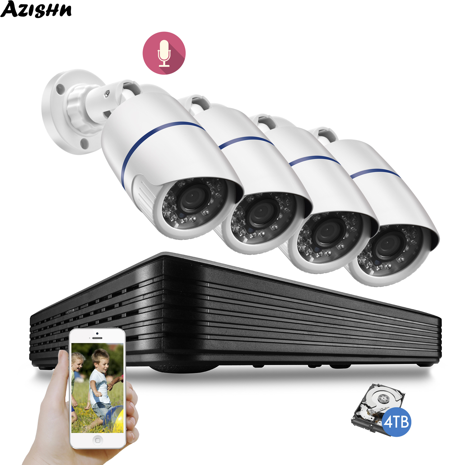 AZISHN 4CH NVR 5MP POE H.265 Security Camera System Kit Audio IP Camera IR Outdoor Waterproof Home CCTV Video Surveillance Set