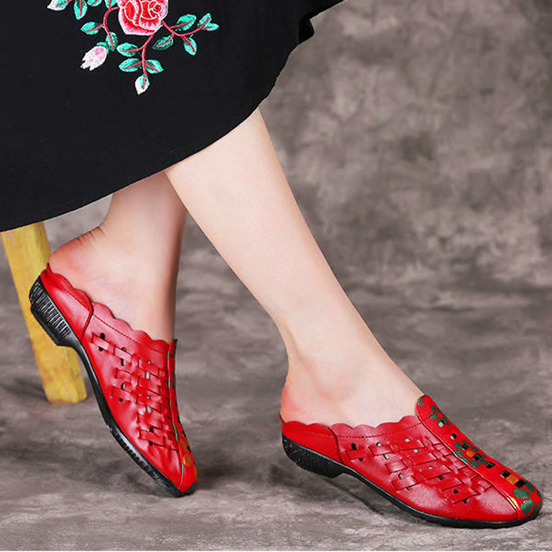 FHC Mum's Soft Leather Slippers,Women Summer Shoes Mules,Close Toe Slides,Low Heels,Comfortable for Wearing,Black,Red,Dropship