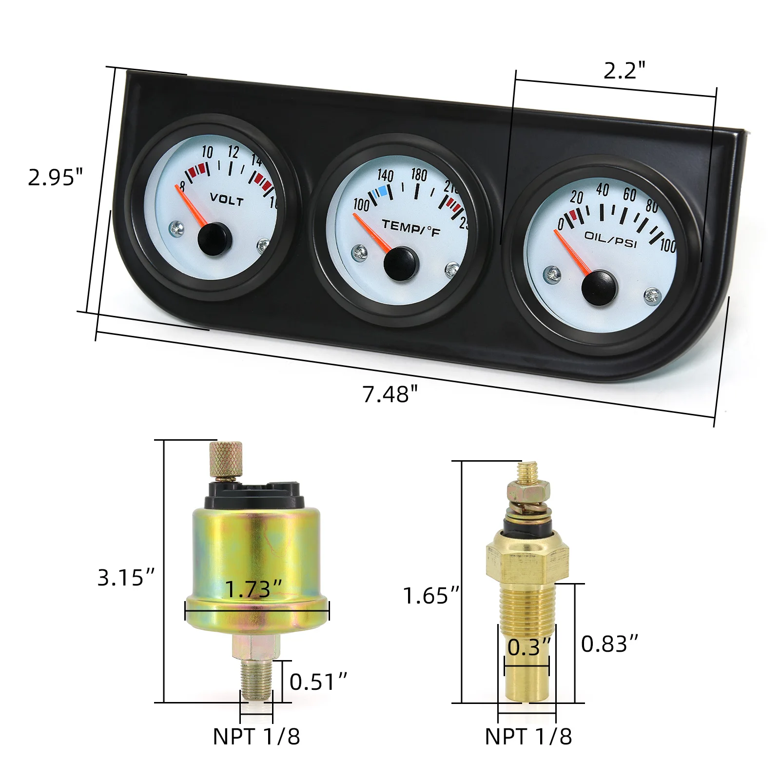 3IN1 52mm Voltmeter+Oil Pressure Gauge+Water Temp Gauge with Sensor Joint Adaptor Sensor 26-40mm Car Meter Triple Gauge Kits 12V