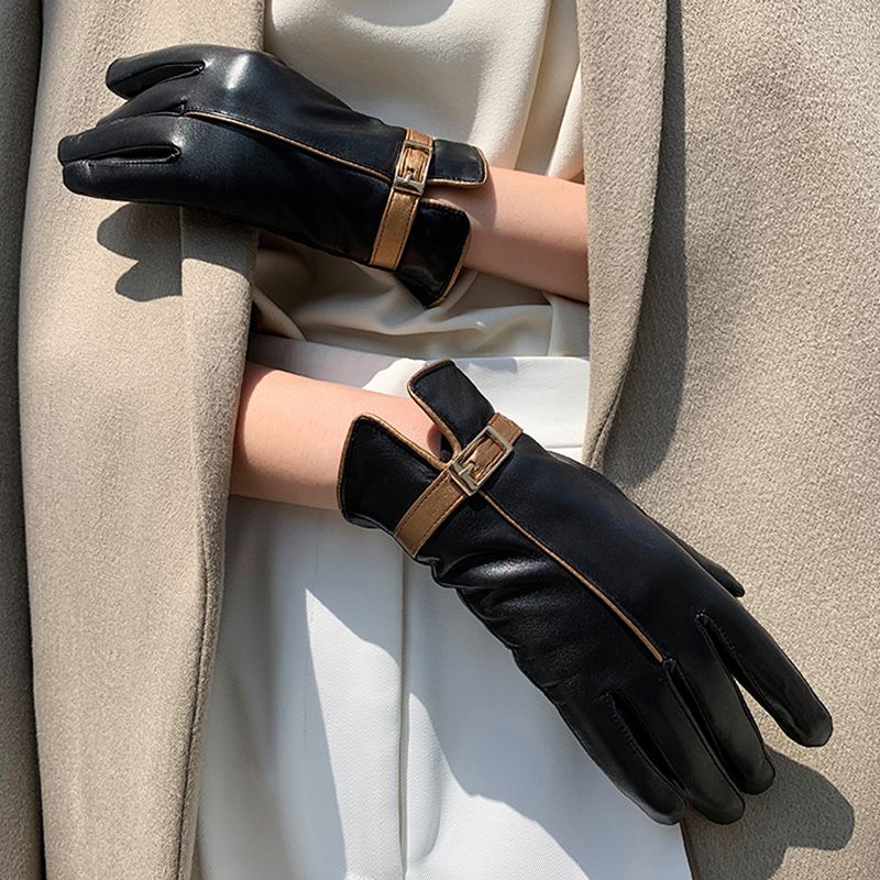 Women's Goatskin Gloves, Winter Thick Lining Leather, Black, Gold, Sheepskin Driving Gloves, Luxury Brand, S2528