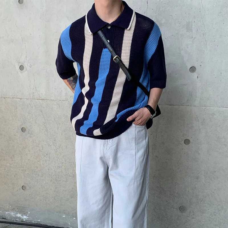 Men's Sweaters Y2K Mens Knit Polo Shirt Summer Short Slve Lapel Button Oversize Sweater Tops Fashion Striped Knitted Men Strtwear Jumpers Y240622