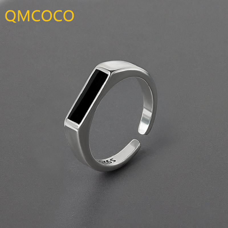Silver Color Trendy Rings For Women Vintage Minimalist Handmade Black Stone Finger Jewelry Punk Hip-Hop Party Gifts