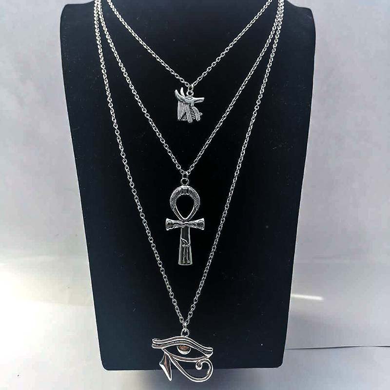 Layered Necklace Women Ankh Cross Horus Eye Nefertiti Anubis Pendant Egypt Jewelry Accessories Holiday Gifts