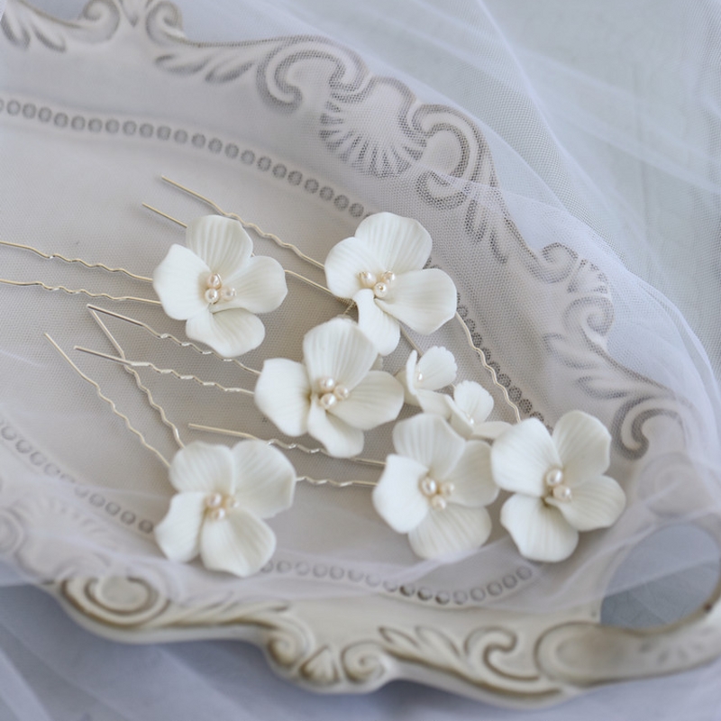 Simple White Ceramic Flower Bridal Hair Clips Pins Pearls Wedding Jewelry Handmade Women Hair Piece