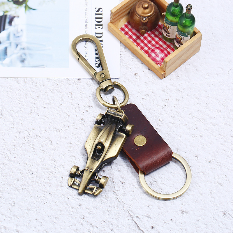 Vintage Genuine Cowhide Keychain - Alloy Racing Style Key Ring for Men, Perfect Small Gift/Party Favor