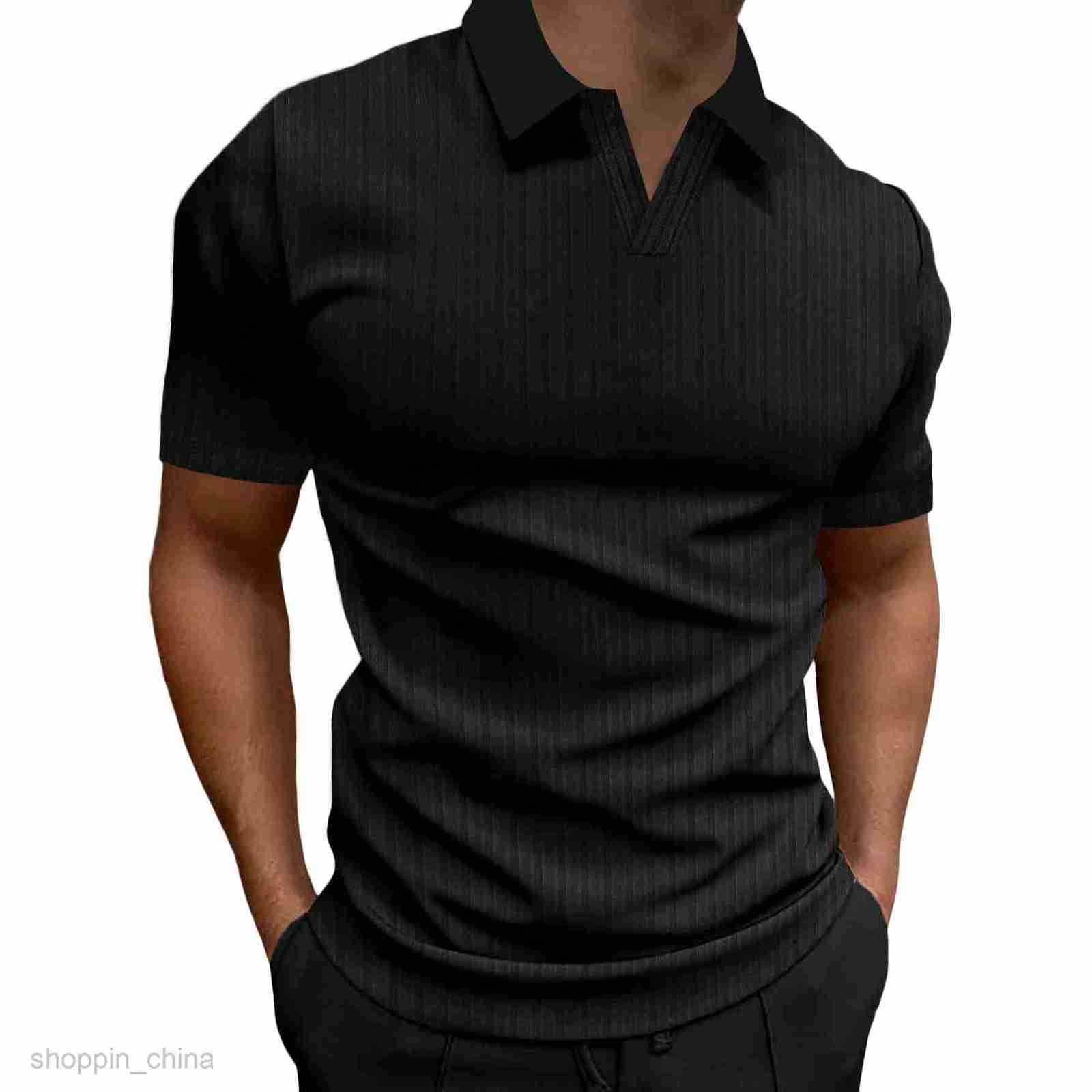 Men Polos Shirts Summer new polo shirt lapel V-neck vertical stripe short sleeve men's T-shirt tops