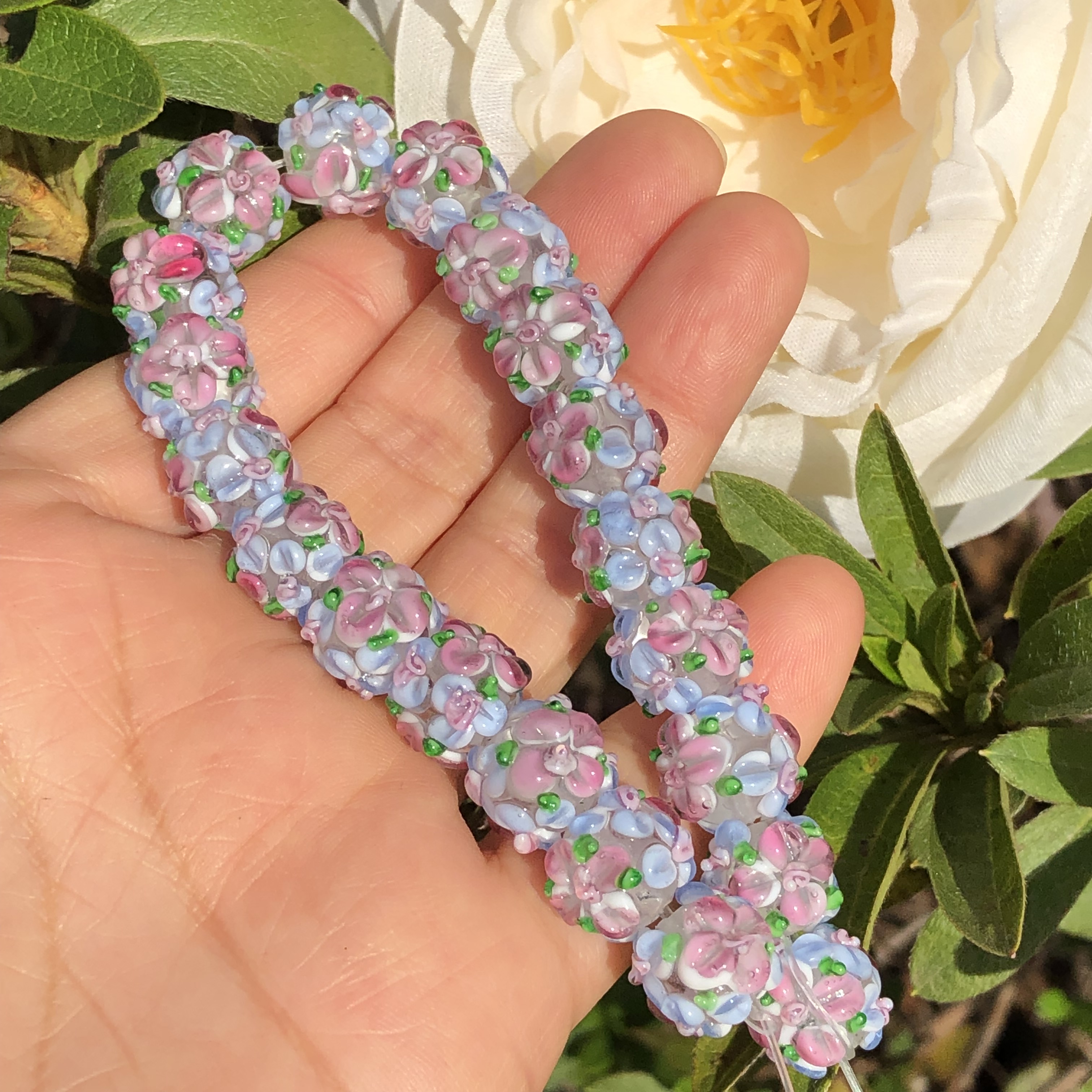 12mm Large Murano Light Blue Pink Flower Clear Lampwork Glass Loose Spacer Beads For Jewerly Making Diy Bracelet Accessories