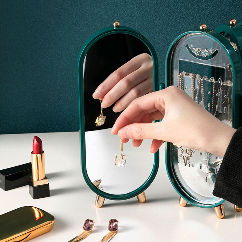 Plastic Large Jewelry Box Organizer 4 Fan Storage Case Necklace Earrings Ring Mirror Display Desktop Jewel Holder