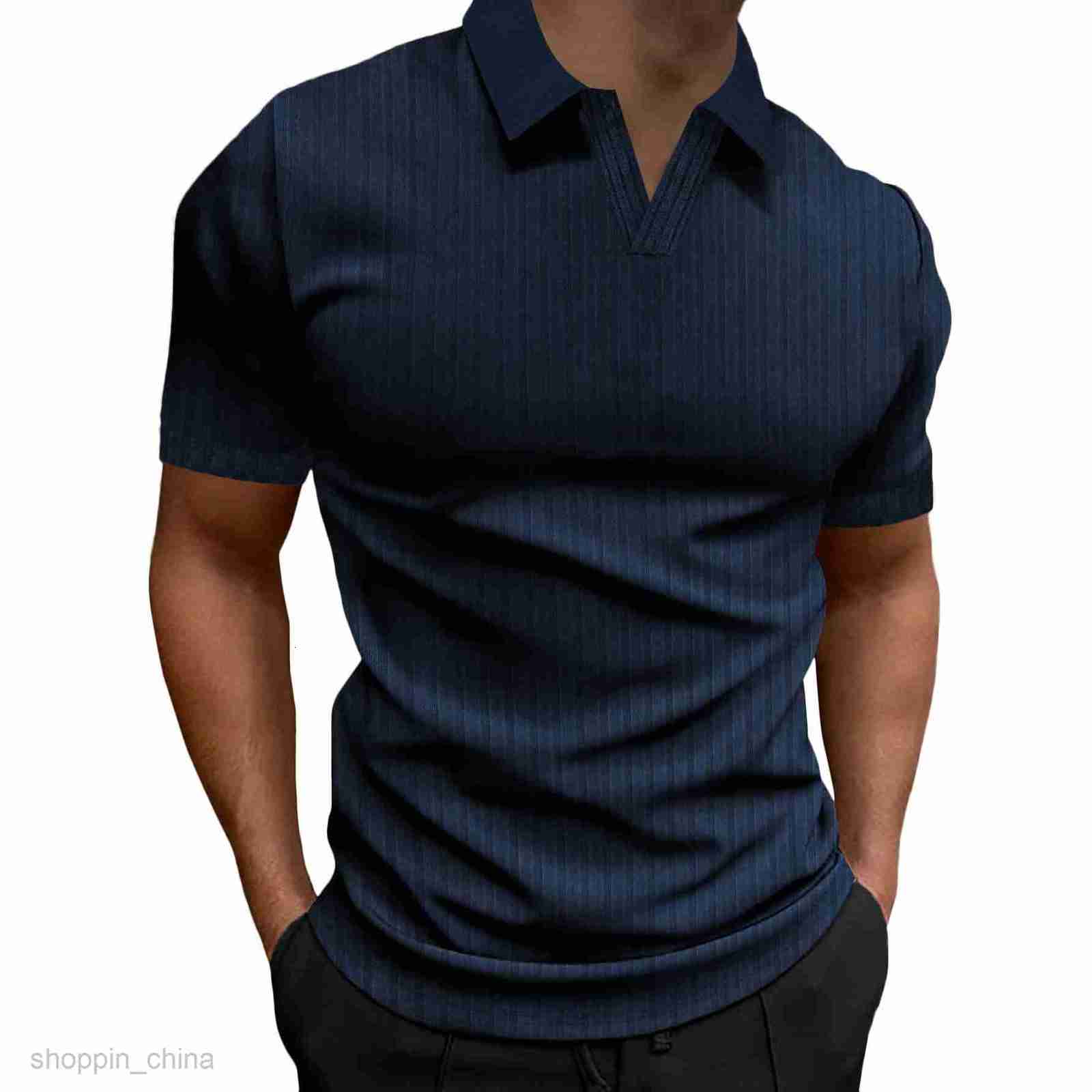 Men Polos Shirts Summer new polo shirt lapel V-neck vertical stripe short sleeve men's T-shirt tops
