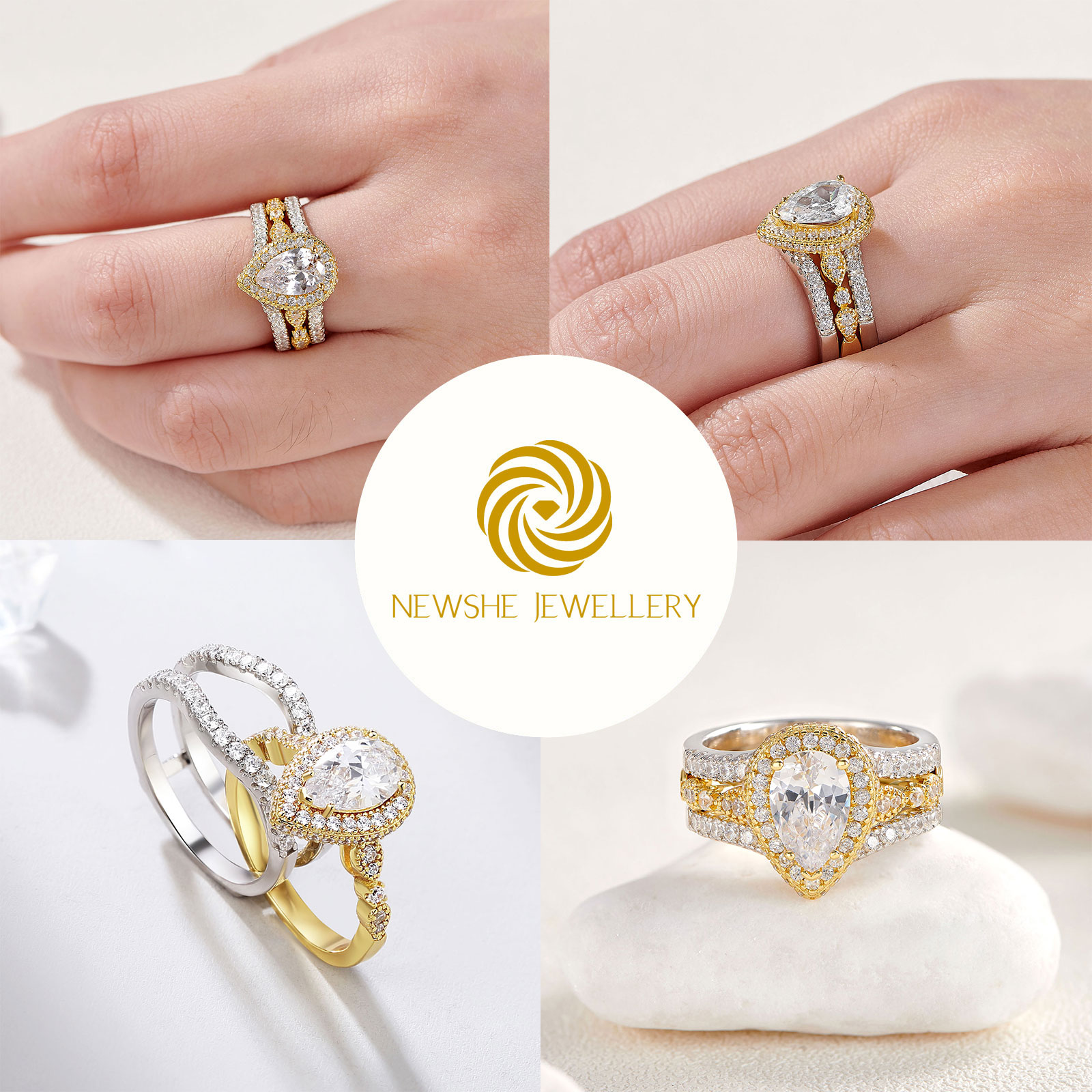 Newshe Yellow & Rose Gold 925 Sterling Silver Pear Shaped Engagement Ring Enhancer Wedding Band Simulated Diamond AAAAA CZ