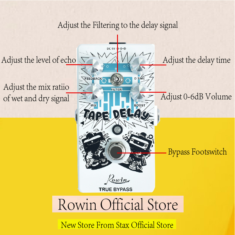 Rowin RE-01/02/03 Tape Delay Vibrock Noise Killer Guitar Effect Pedal With 2 Modes In One Block Ture Bypass Full Metal Case