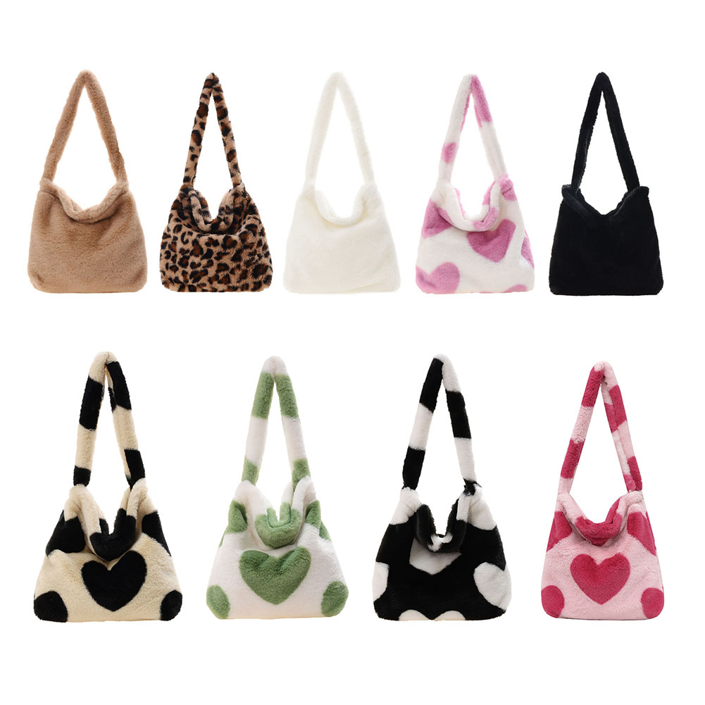 Simple Design Women Soft Plush Hobos Leopard Print Shoulder Bags Winter Furry Ladies Clutch Purse Handbag Fashion Tote Bag