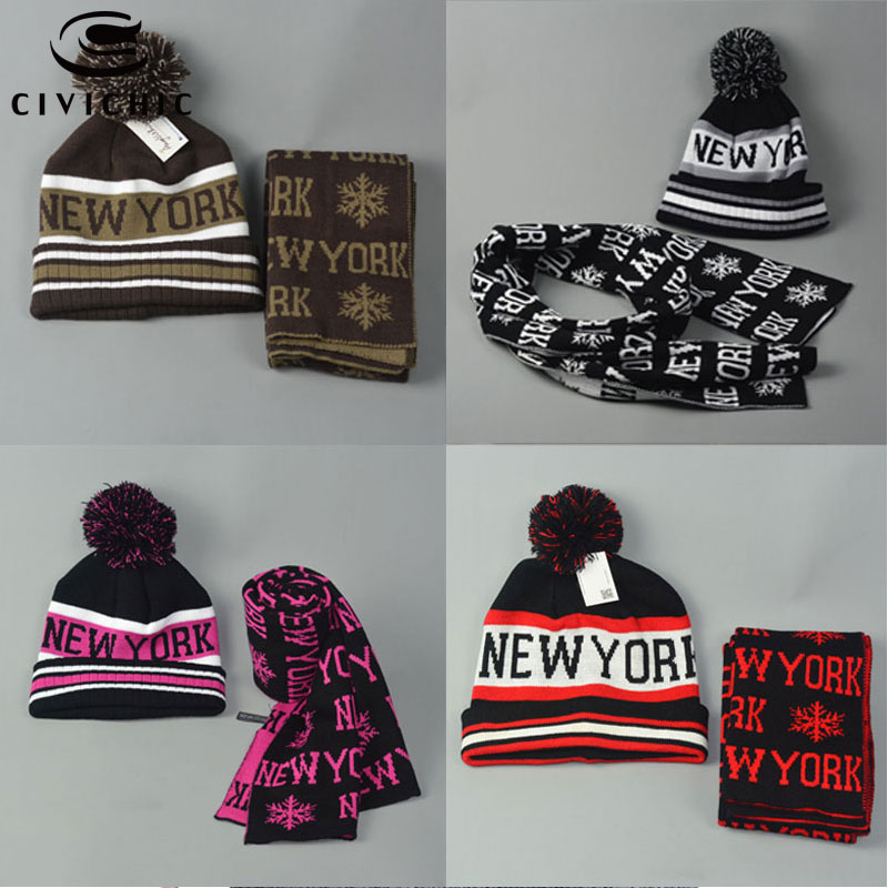 CIVICHIC Unisex Warm Faux Wool Knit Hat Scarf Set Man/woman Christmas Gift Cap New York Print Thicken Headwear Neck Shawl SH108