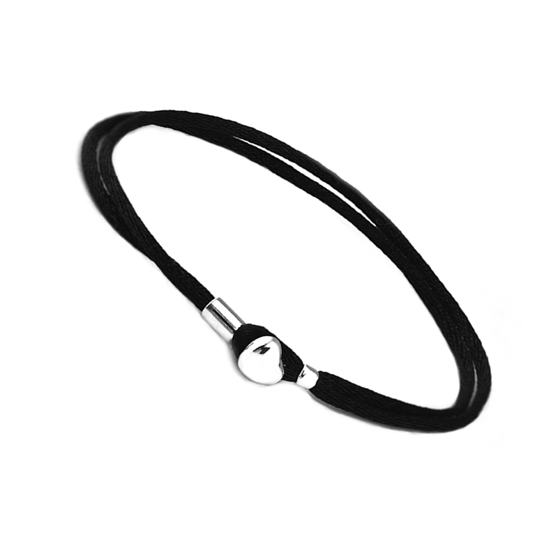 Black Fabric Cord Bracelet With Heart Buckle Sterling Silver Jewelry For Woman Fit Original Beads & Charms Jewelry