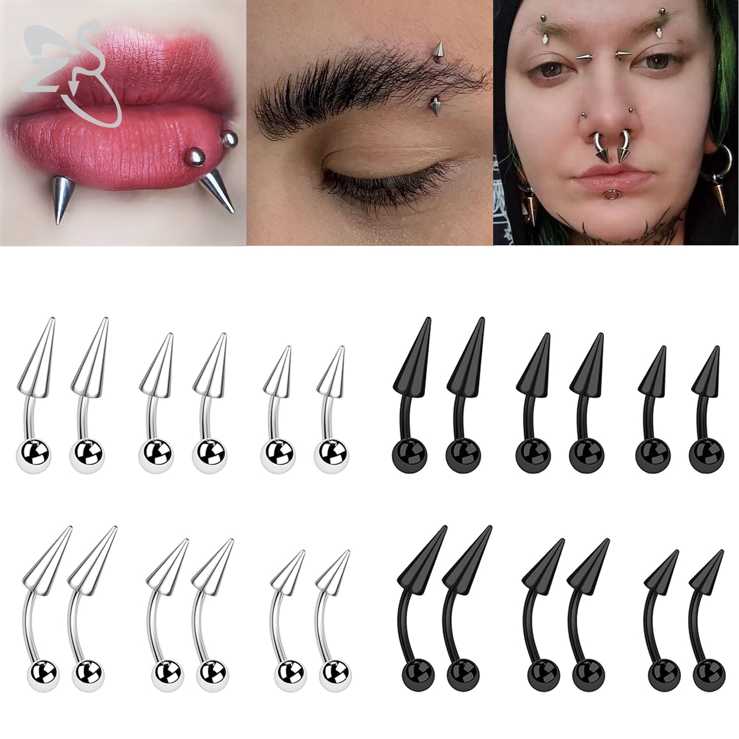 ZS 10pcs/lot Punk Spike Stainelss Steel Eyebrow Piercing Set 16G Curved Labret Lip Studs Helix Lobe Piercings Earring 6/8/10MM