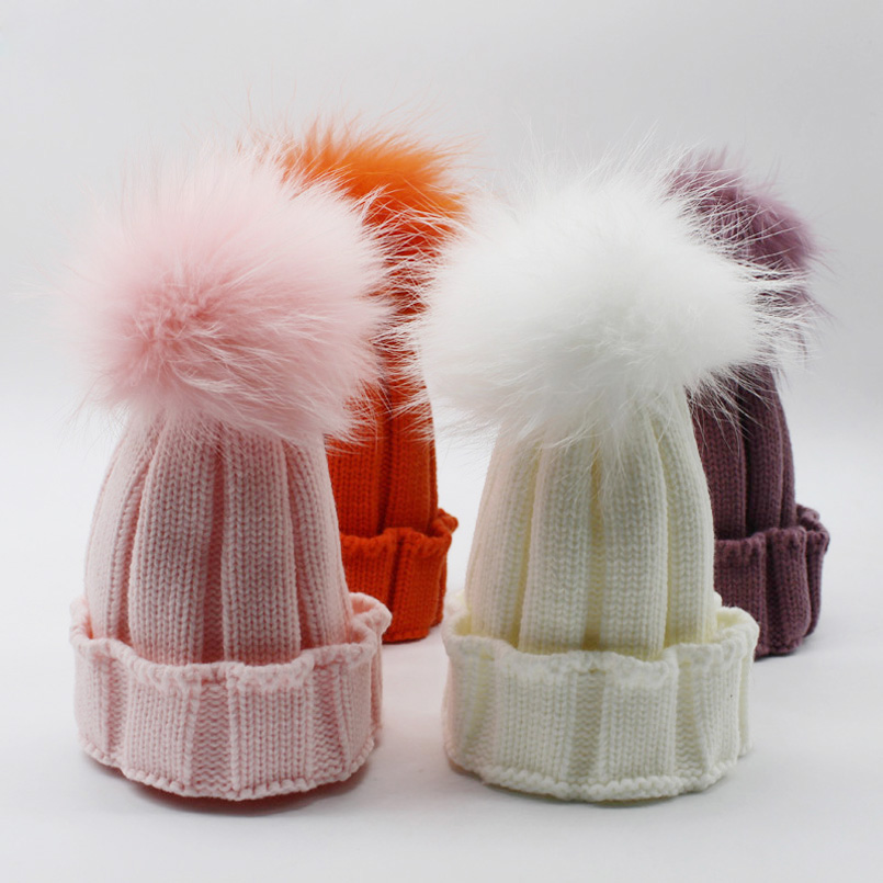 Baby Skullies Beanies Winter Hat For Kids Girls Boys Colors Real Fur Pompom Hat Knitted Beanie Cap