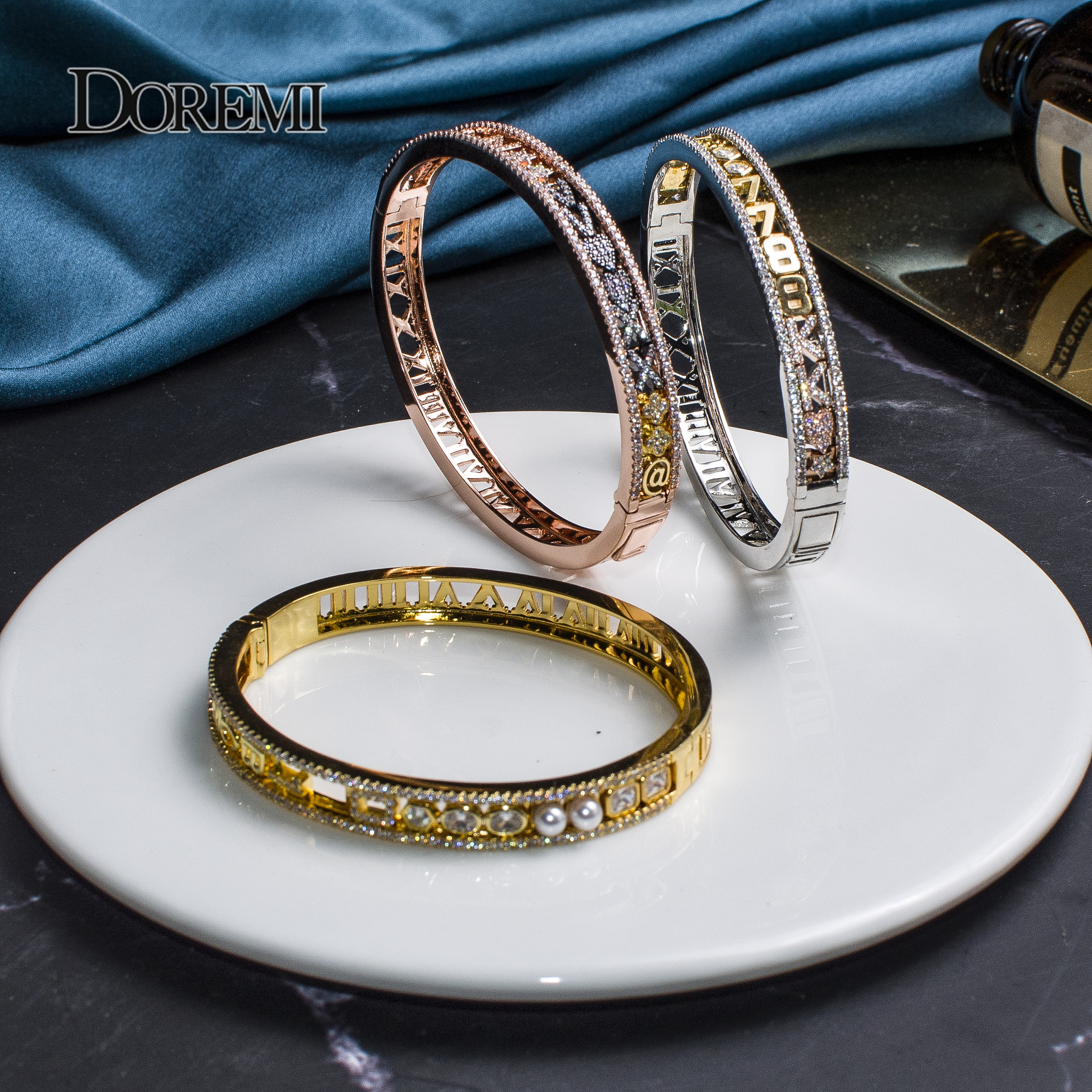 DOREMI Iced Out Slide Bangle with Letters Custom Bangles Detachable Charms Personalized Bangles Women Custom Name Bracelets Gift