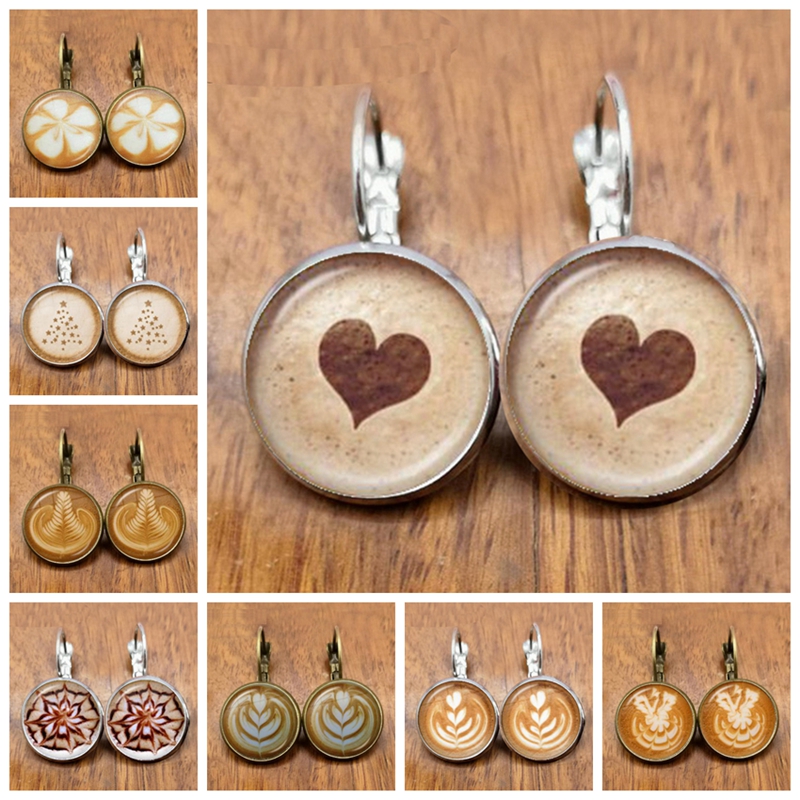 Coffee latte carving love art glass earrings chocolate print flower four leaf clover glamour jewelry gift for women girls