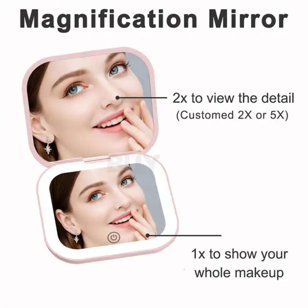 Compact Small Mini Gift Vanity Table Folding Led Lights Portable Hand Held Pocket Makeup Mirror 2X magnifying F624-20
