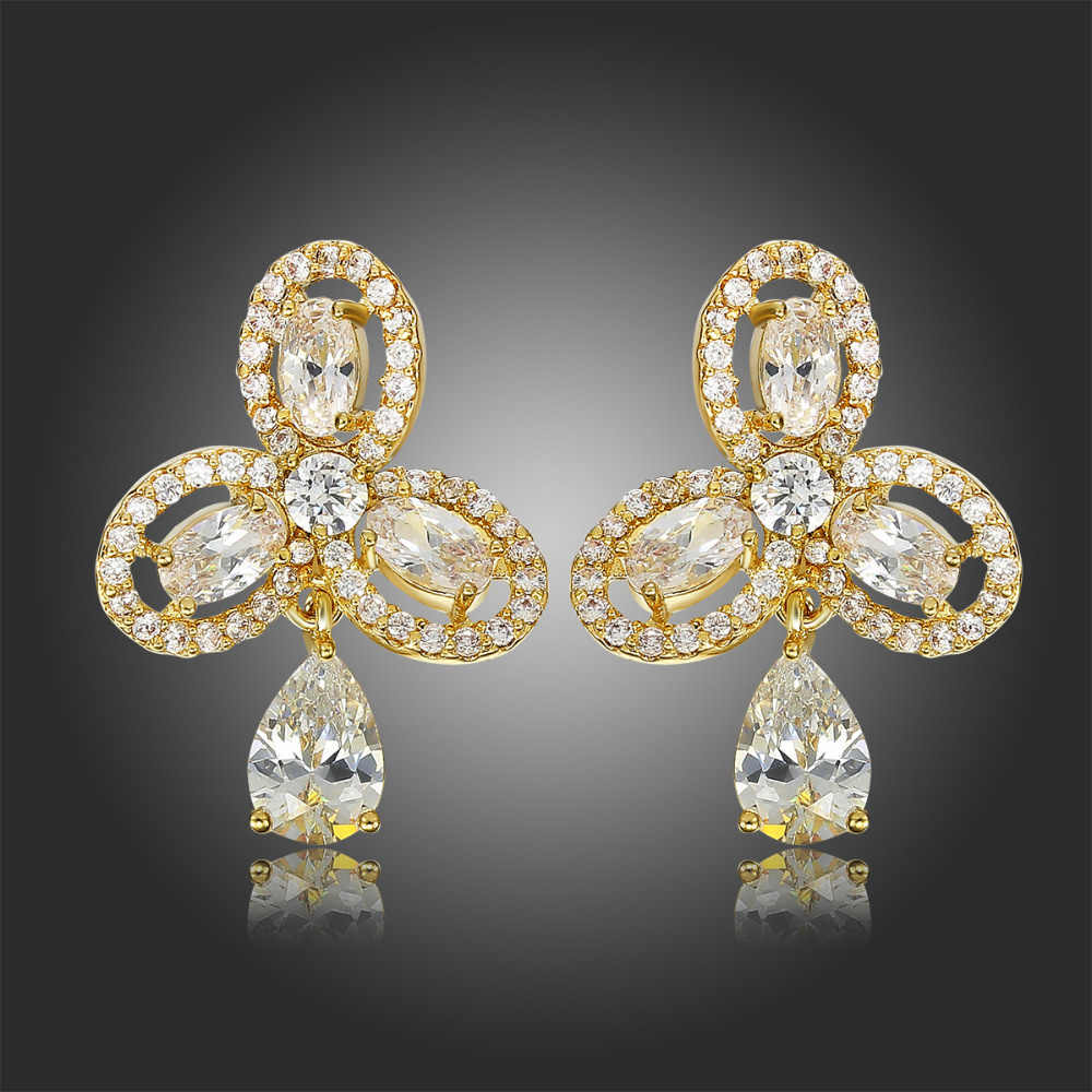 Gold Color Clover Cluster Paved Brilliant CZ Teardrop Dangle Earrings Wedding Luxury Party Jewelry For Women Girls Lady